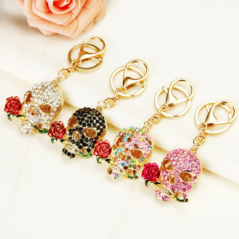 Wholesale Diamond Inlaid Rose Skull Metal Keychains